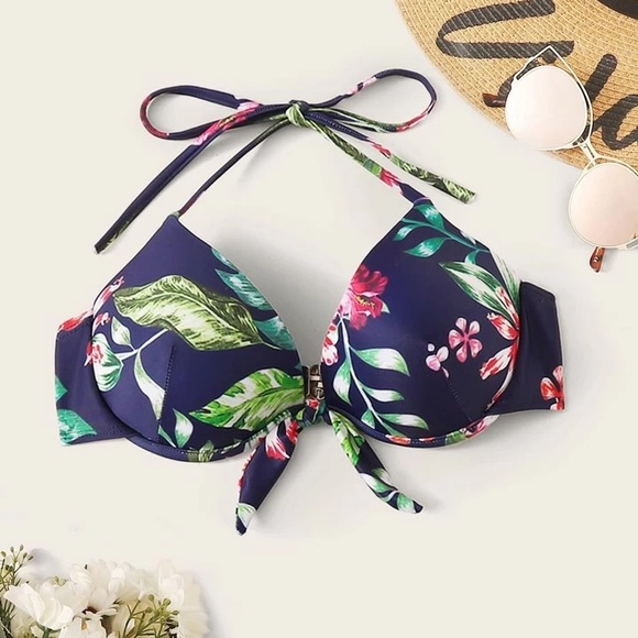 Shein Navy Blue Knot Front Underwire Halter Bikini Top Size Medium - Picture 6 of 6